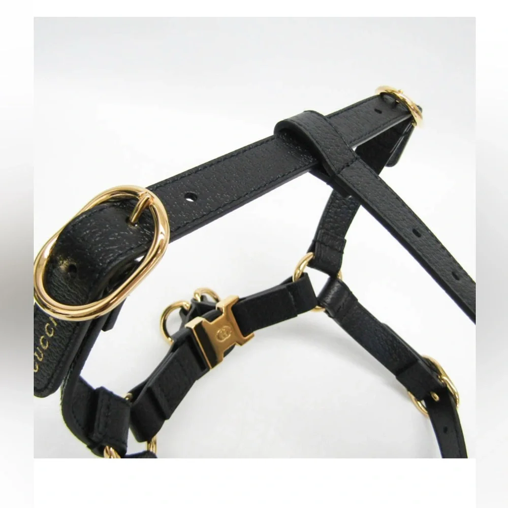 NWB Gucci GG Logo Black Leather Pet - Dog Harness with Gold Buckles Size M